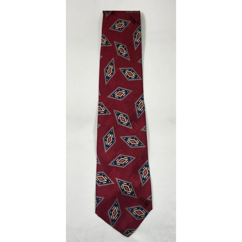 Vintage Abercrombie & Fitch Italian Silk Tie Red Gold Diamond Geometric Evil Eye